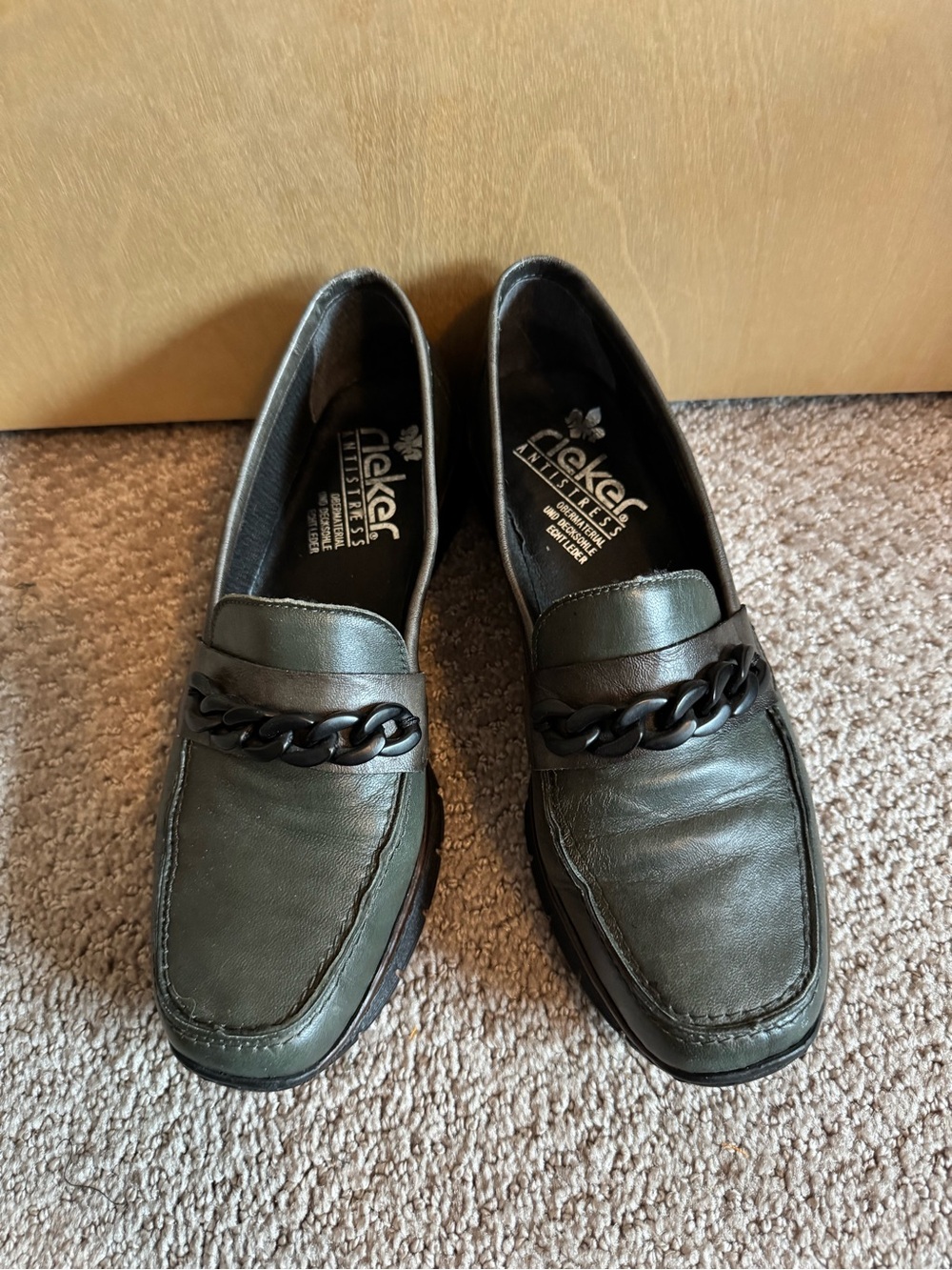 Rieker Green Leather Slip-On Anti-Stress Loafers with Black Chain Accent